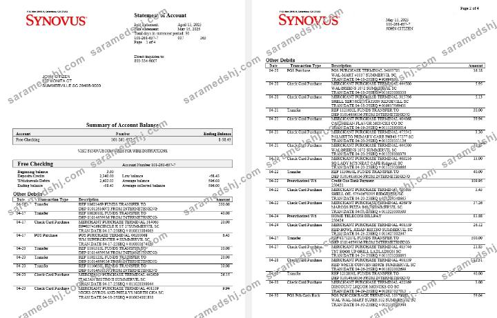 USA Synovus Bank statement Word and PDF template, 4 pages